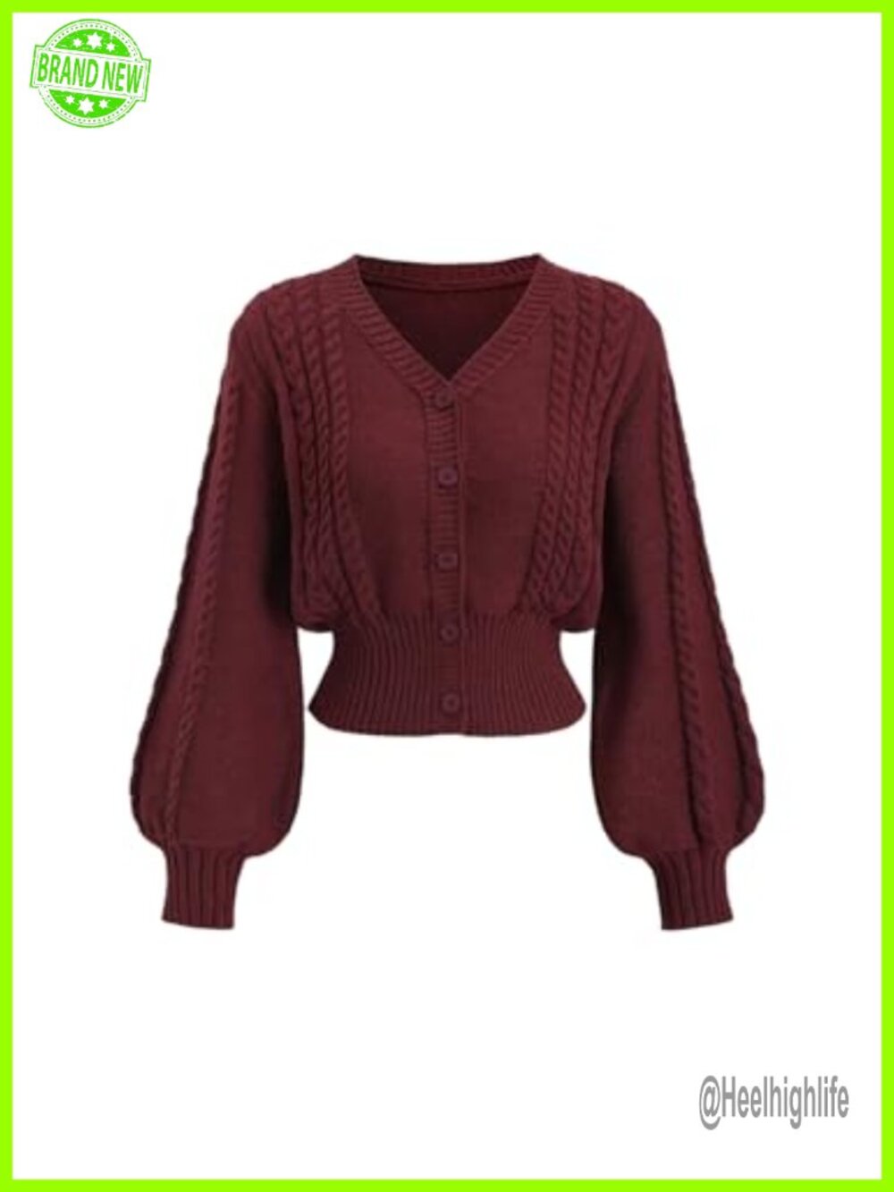 Cable Knit Button Up Crop Cardigan Lantern Long Sleeve Cinched Waist Sweater